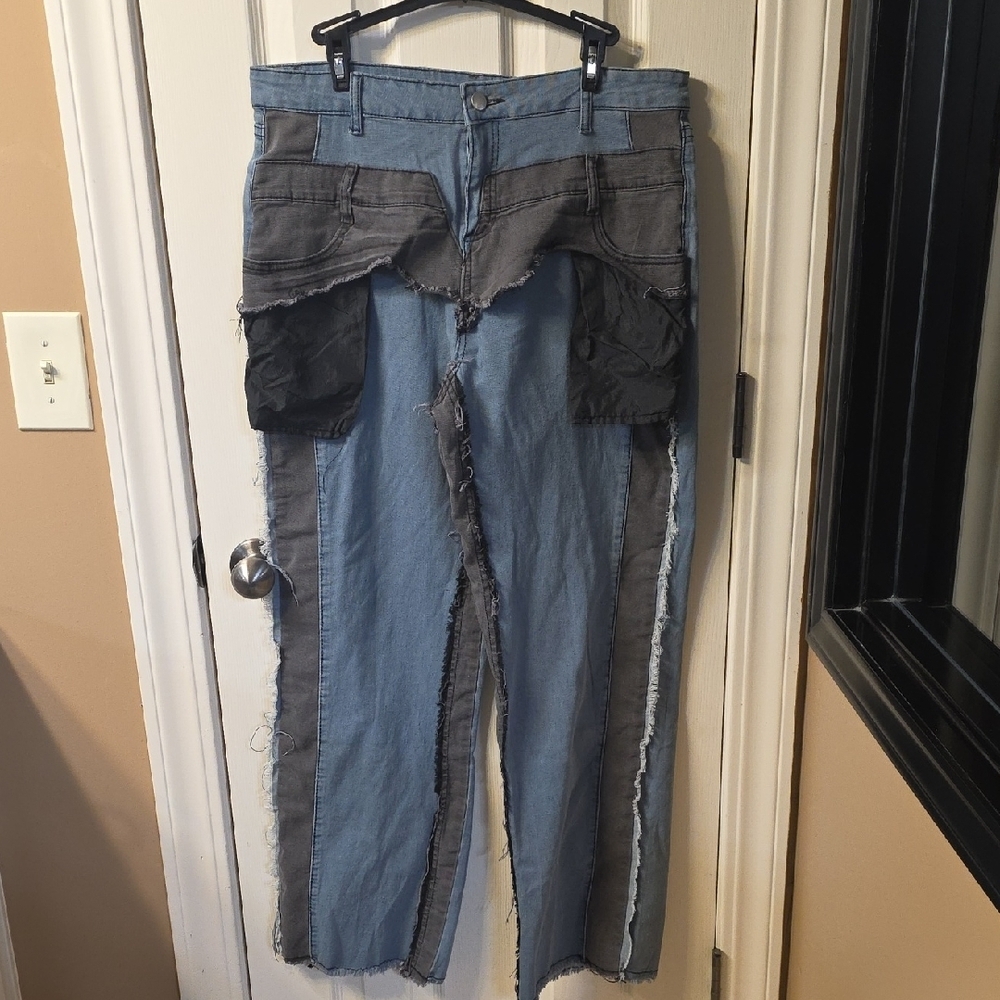 Two-Tone Denim Patchwork Jeans